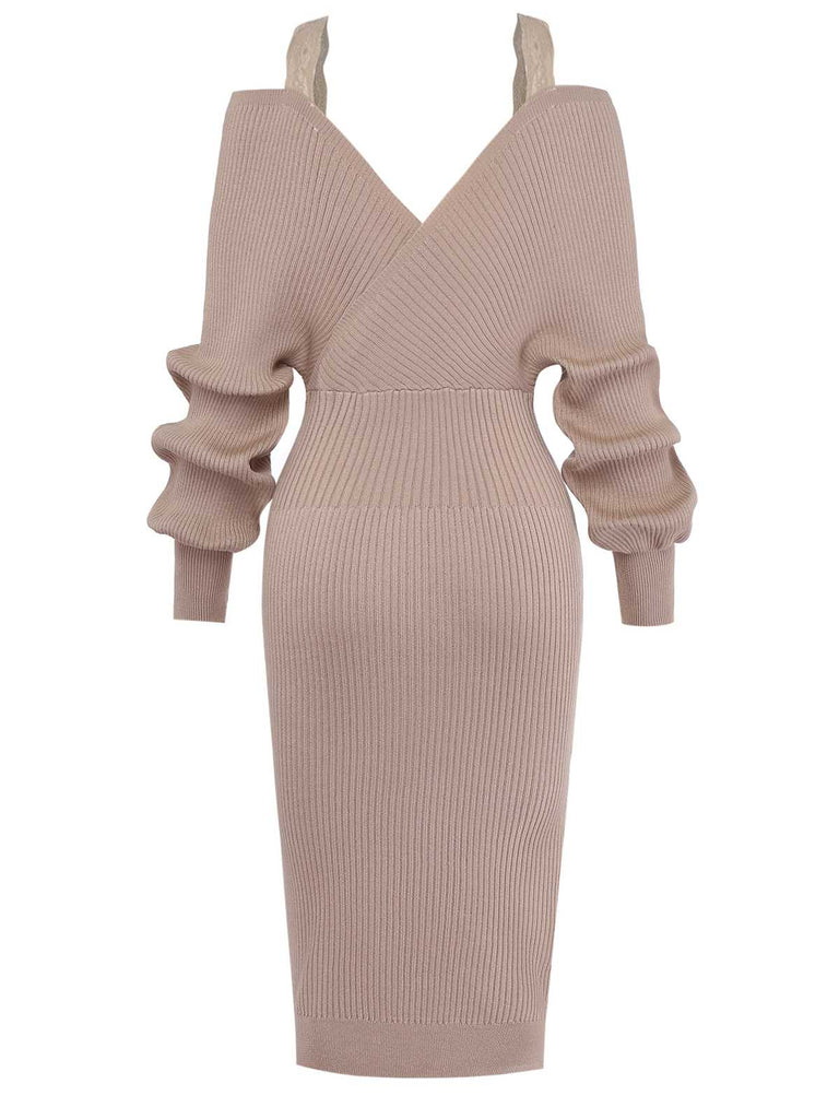 Khaki 1960s Cold Shoulder Lace Slit Knit Dress