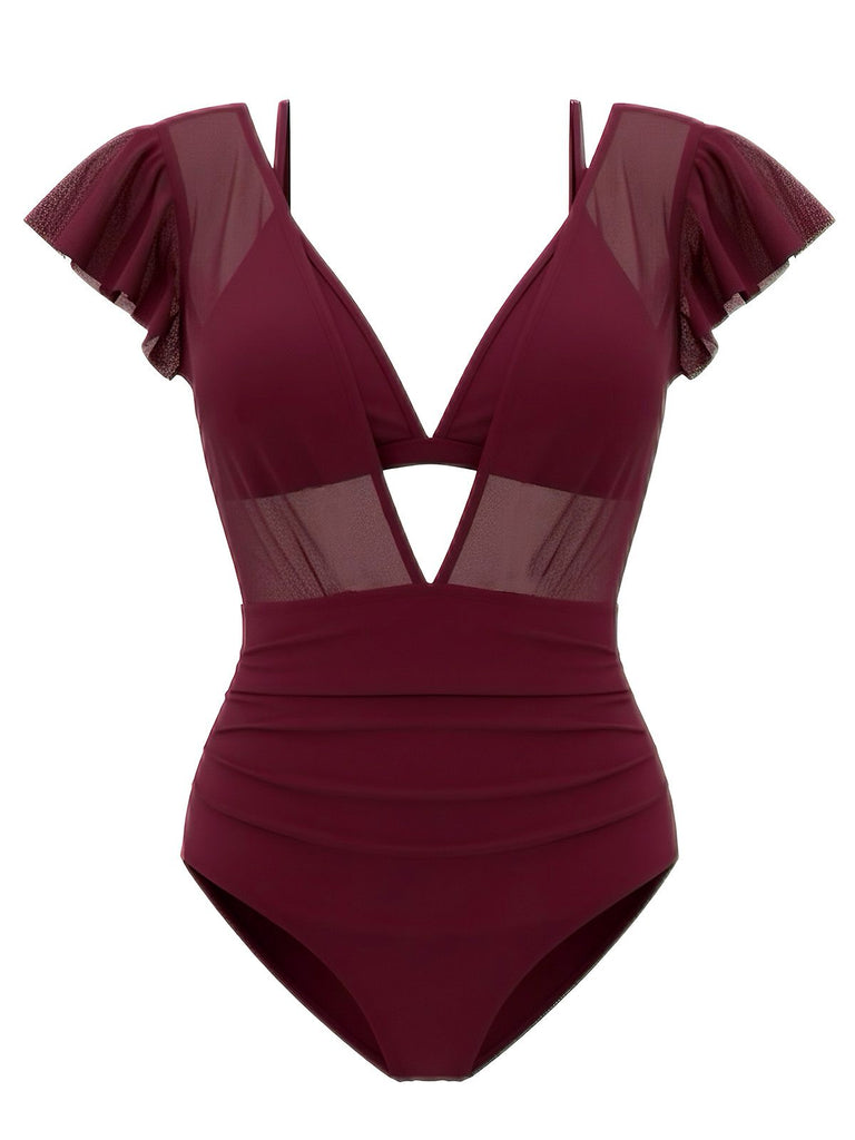 1960s Solid Mesh Plunge Bikini Set & Cover-Up