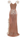 1930s V-Neck Feather Strap High Slit Sequined Dress