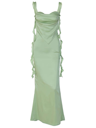 1970s Solid Satin Ruffle Backless Ruched Dress