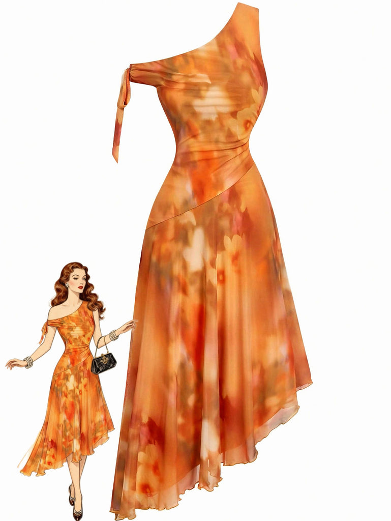 Orange 1970s One-Shoulder Mesh Asymmetrical Hem Dress