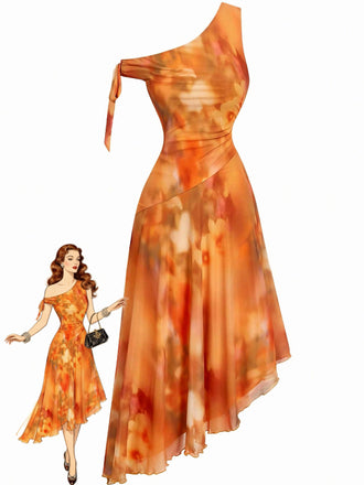 Orange 1970s One-Shoulder Mesh Asymmetrical Hem Dress
