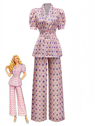 2PCS Pink 1930s Printed Puff Sleeve Belted Blazer & Pants