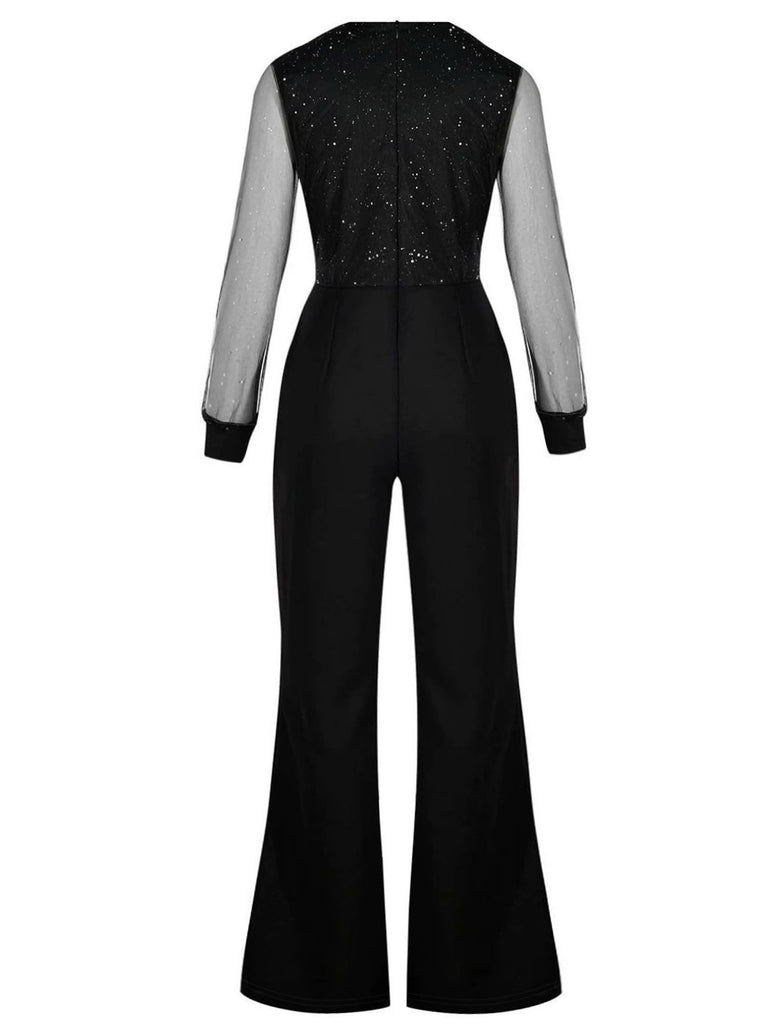 Black 1940s V-Neck Glitter Mesh Jumpsuit