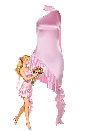 Peach Pink 1980s Solid Ribbon Tie Surplice Satin Dress