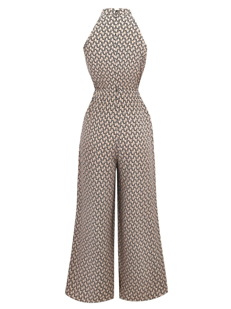 Beige 1930s Geometric Pattern Halter Sleeveless Jumpsuit