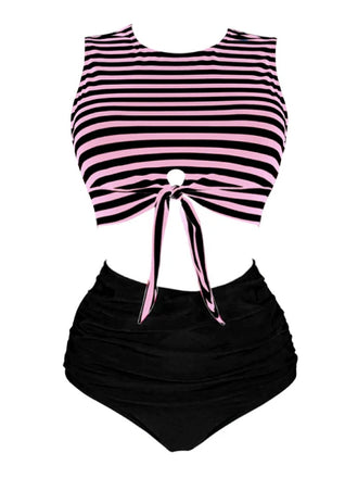 [Plus Size] Pink & Black 1970s Striped Waist Tie Patchwork Swimsuit