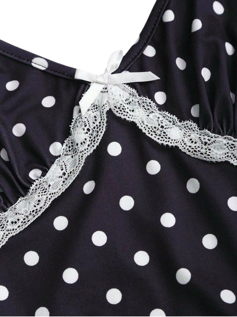 1940s Polka Dot Lace Trim Strap Jumpsuit