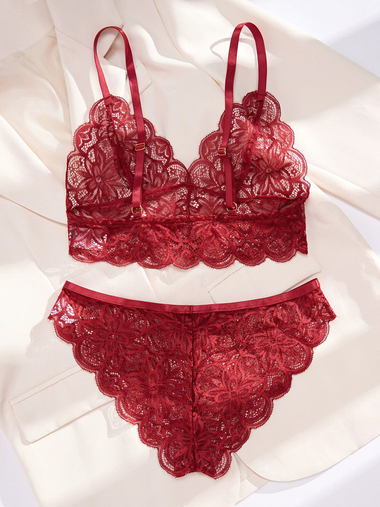 An elegant lifestyle shot of the burgundy lace bralette set, showcasing its soft texture and rich color.