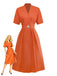 Orange 1940s V-Neck Brooch Button Solid Dress