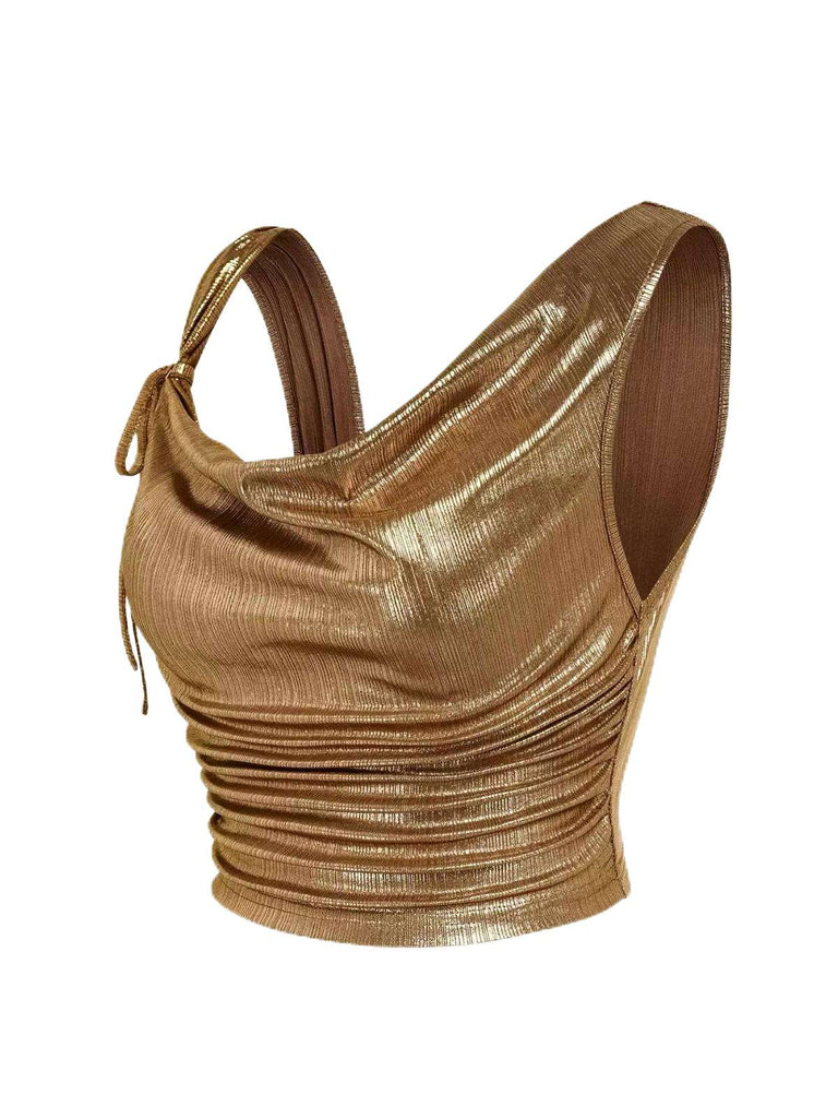 Gold 1960s Bow Sleeveless Ruched Stretch Top