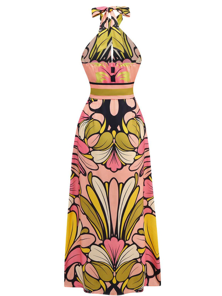 1970s Boho Halter Floral Belted Backless Dress