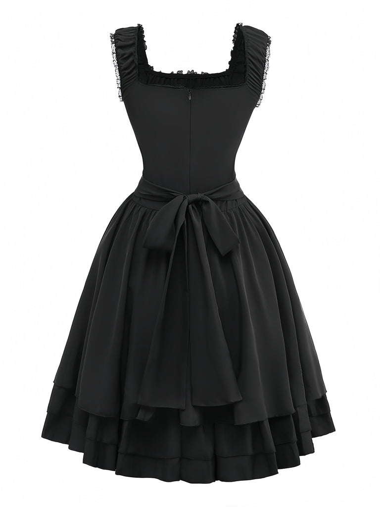 Black 1950s Solid Gothic Lace-Up Dress