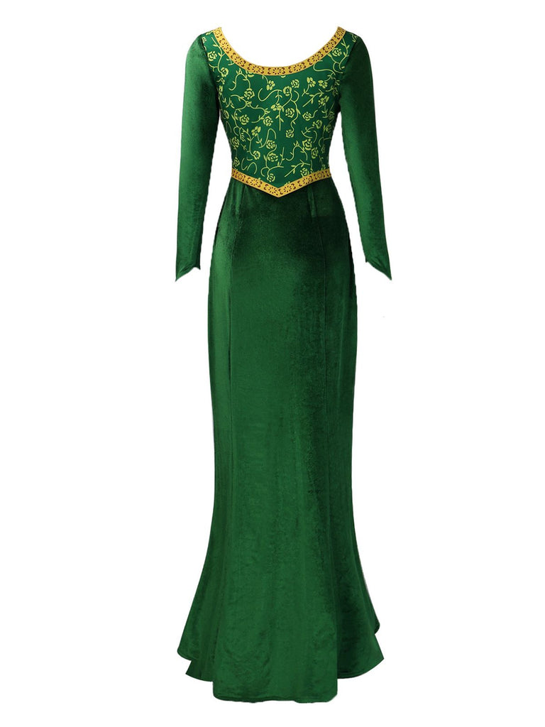 Green 1930s Shrek Medieval Style Embroidered Dress