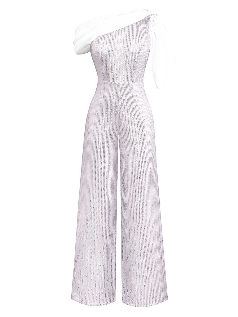 1930s One Shoulder Chiffon Sequined Jumpsuit