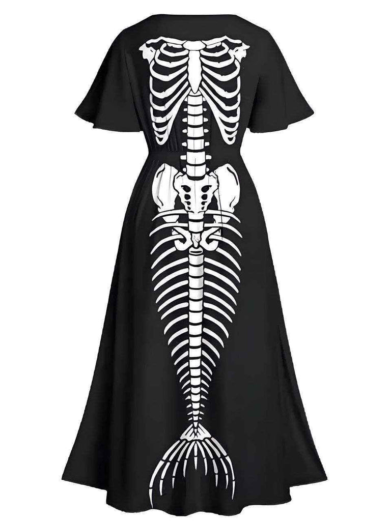 [Pre-Sale] Black 1950s Halloween Skeleton Print Slit Maxi Dress