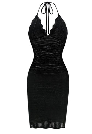 Black 1970s Solid Halter Knit Dress