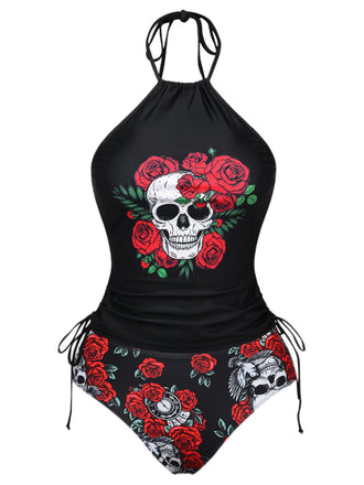 Black 1980s Steampunk Halter Skeleton Rose Swimsuit
