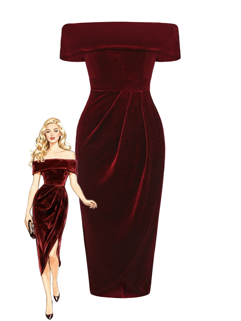 1980s Solid Velvet Off-Shoulder Midi Dress