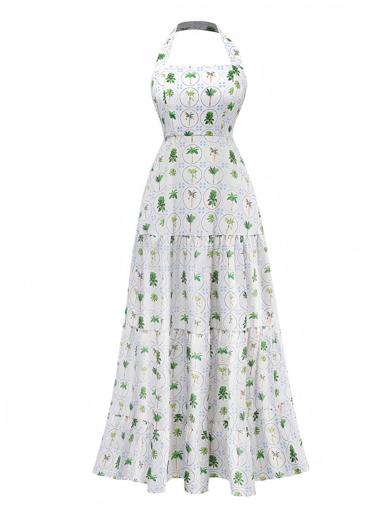 1970s Halter Palm Tile-Print Backless Dress