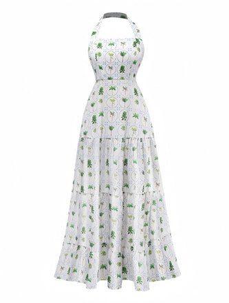1970s Halter Palm Tile-Print Backless Dress