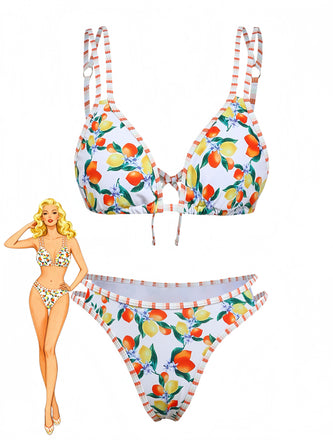 White 1960s Citrus Triangle-Strap Bikini Set