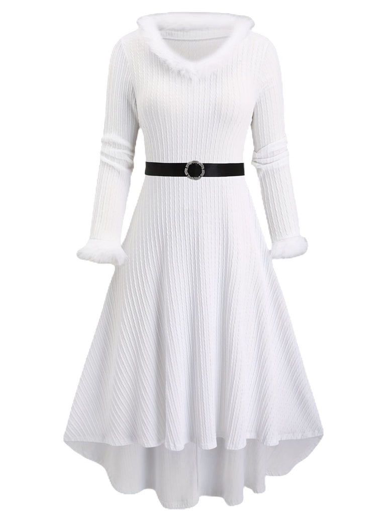 [Plus-Size] White 1940s Fur Collar V-Neck Belted Dress