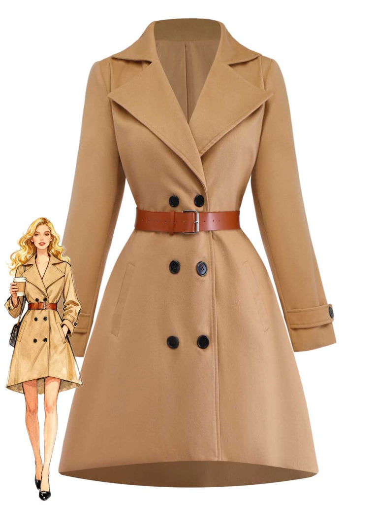 Khaki 1940s Lapel Double-Breasted Belted Coat