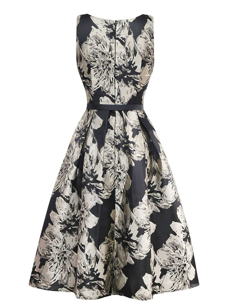 Black 1950s Jacquard Floral Dress With Belt