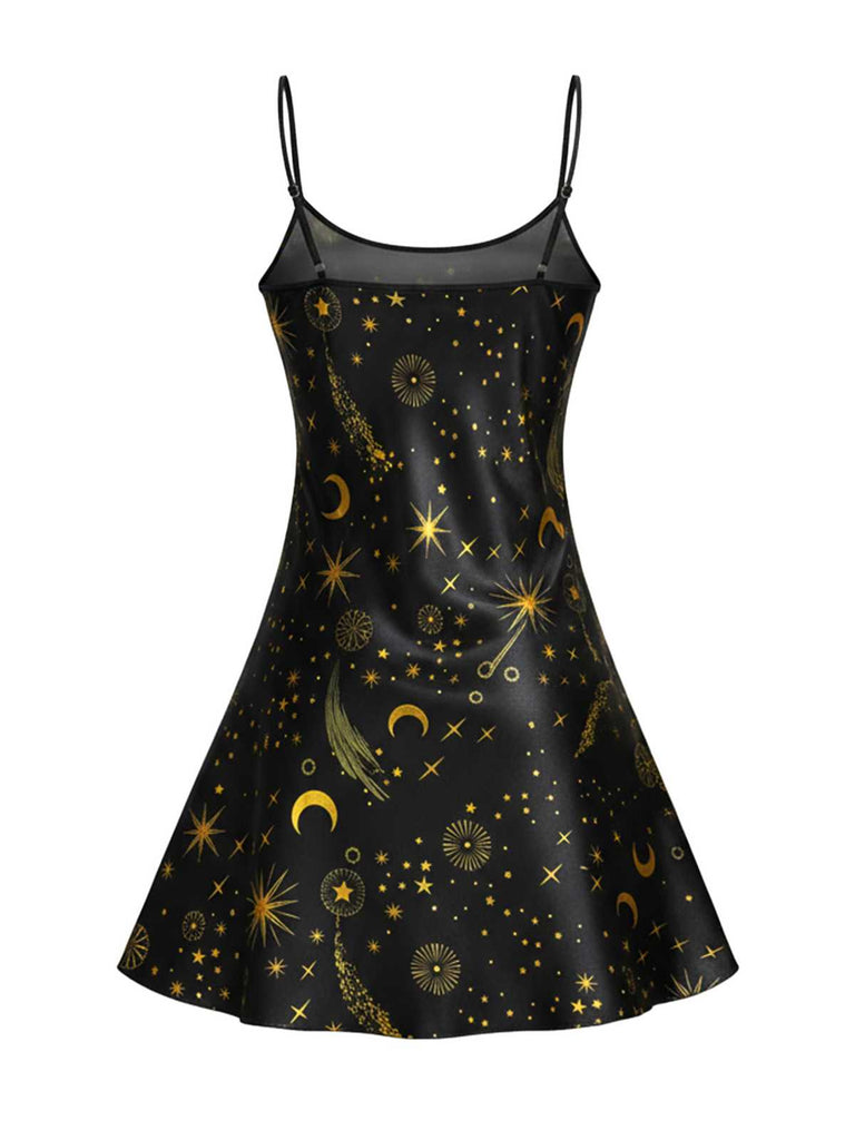 Black 1970s Spaghetti Strap Celestial Print Nightgown