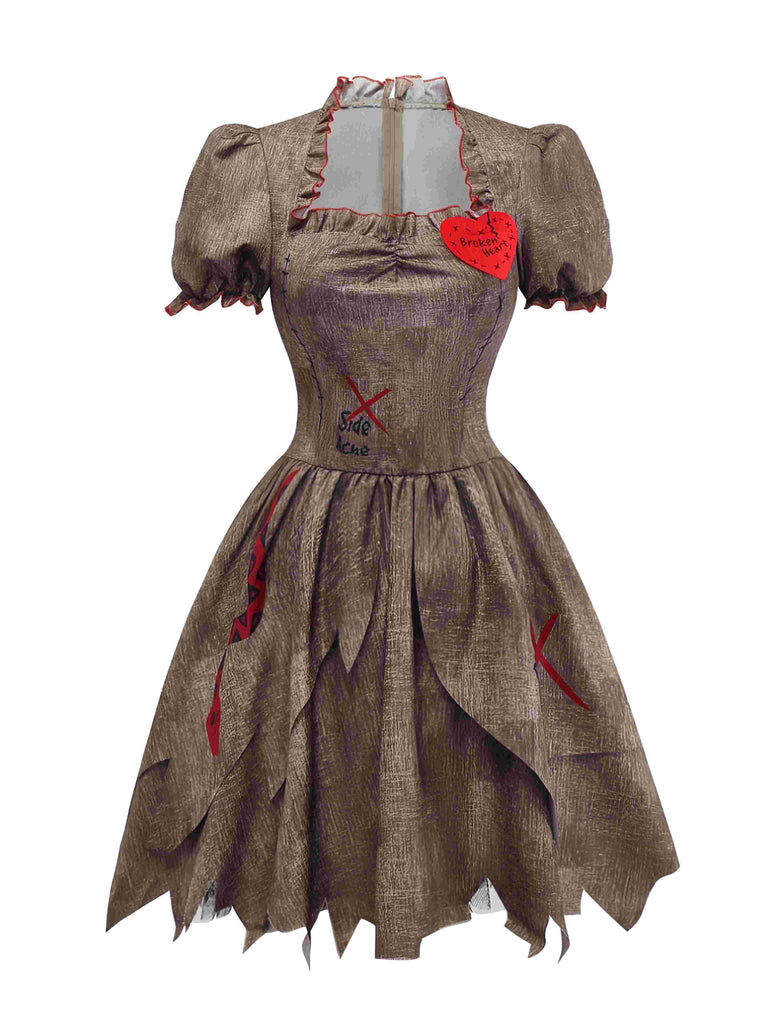 Brown 1960s Halloween Heart Patch Evil Doll Tattered Dress