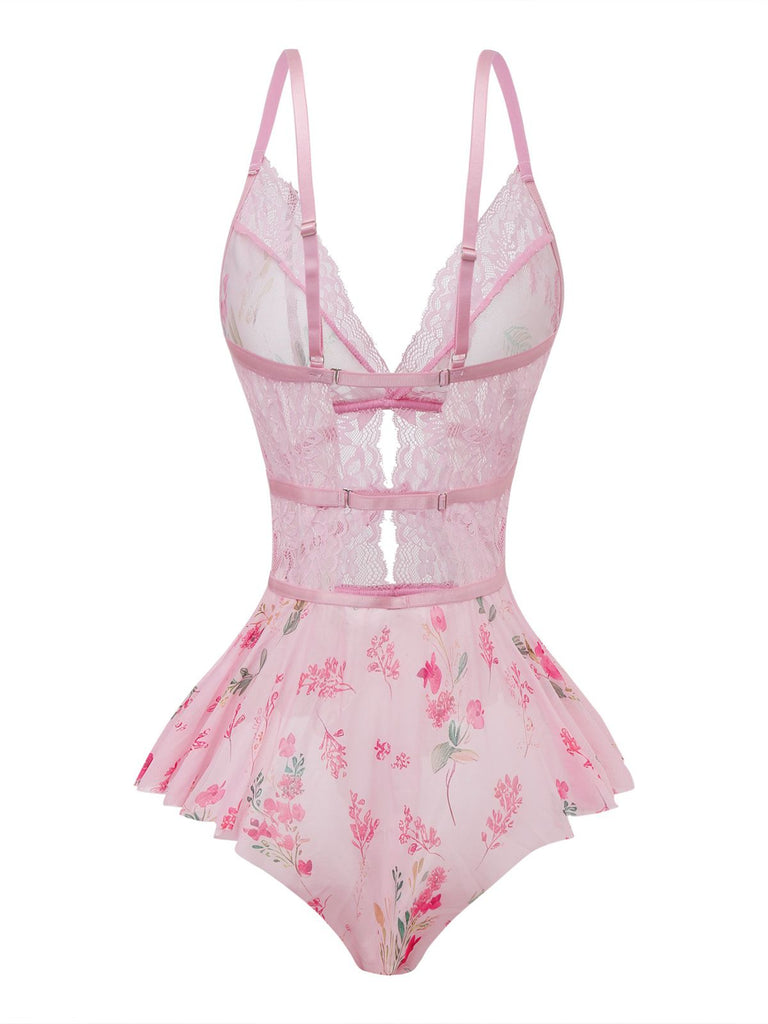 Pink 1970s Floral Lace Sheer Nightgown