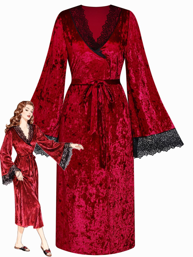 1930s Velvet Lace Long Sleeve Patchwork Pajama Robe