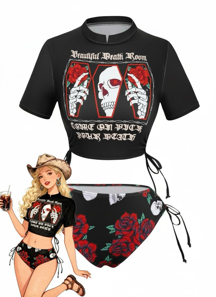 1980s Black Skull Rose Graphic Bikini Set