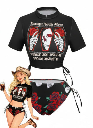 1980s Black Skull Rose Graphic Bikini Set