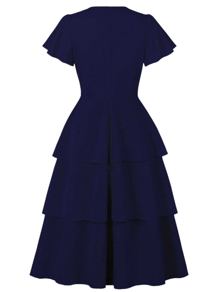 1940s Round Neck Bow Solid Tiered Dress