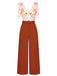 A sophisticated two-piece set featuring a white V-neck bodysuit with a vibrant orange floral print and bow-tie shoulders, paired with high-waisted rust-colored wide-leg trousers.