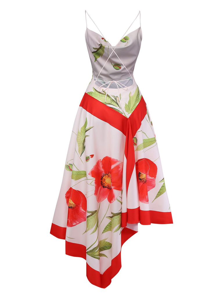 Side and rear view of the floral print dress highlighting its sleeveless backless design and the dynamic flow of the uneven hemline.