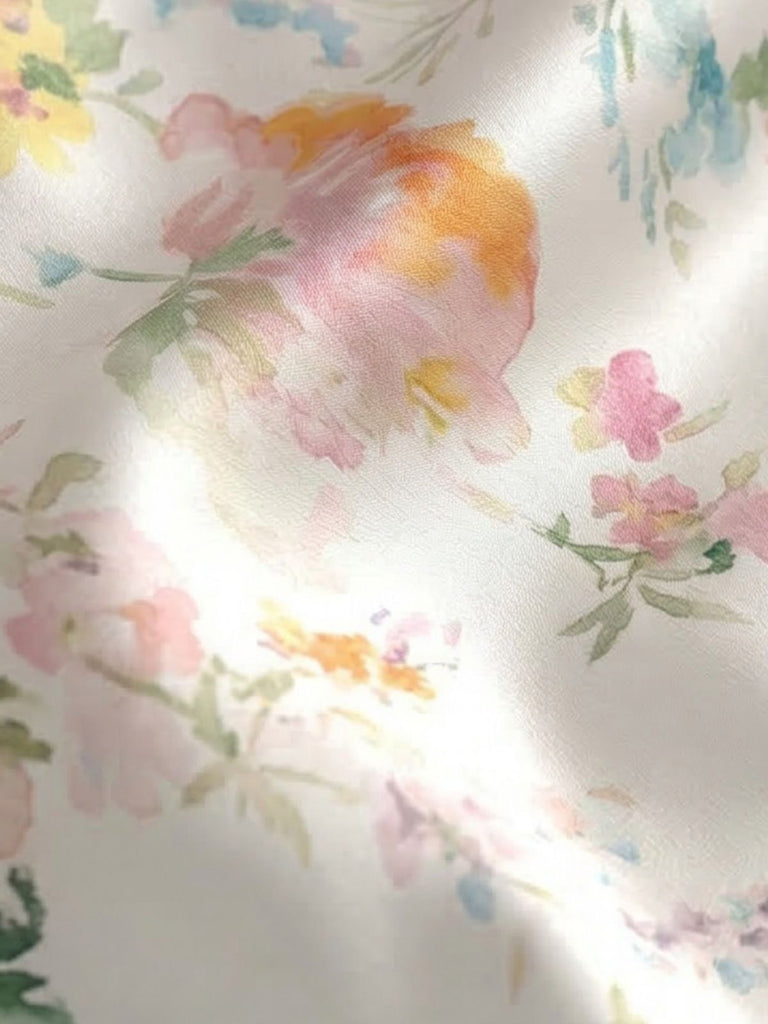 Close-up detail of the multi-color floral print on the white satin-finish fabric.