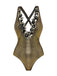 Studio front view of the metallic gold one-piece highlighting the intricate floral trim along the plunging neckline.