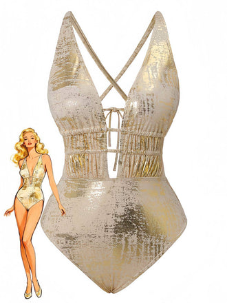 Gold metallic swimsuit with a matching illustration of a woman on a white background