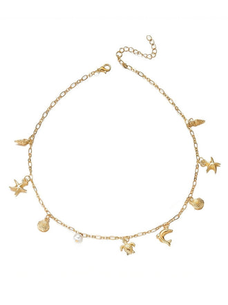 Gold-toned chain necklace featuring various ocean-themed charms including a starfish, seashell, turtle, and pearl.