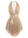 A gold sleeveless mini dress covered in shimmering sequins, featuring a deep V-neckline, a wide waist sash with a bow, and a layered, flared hemline.