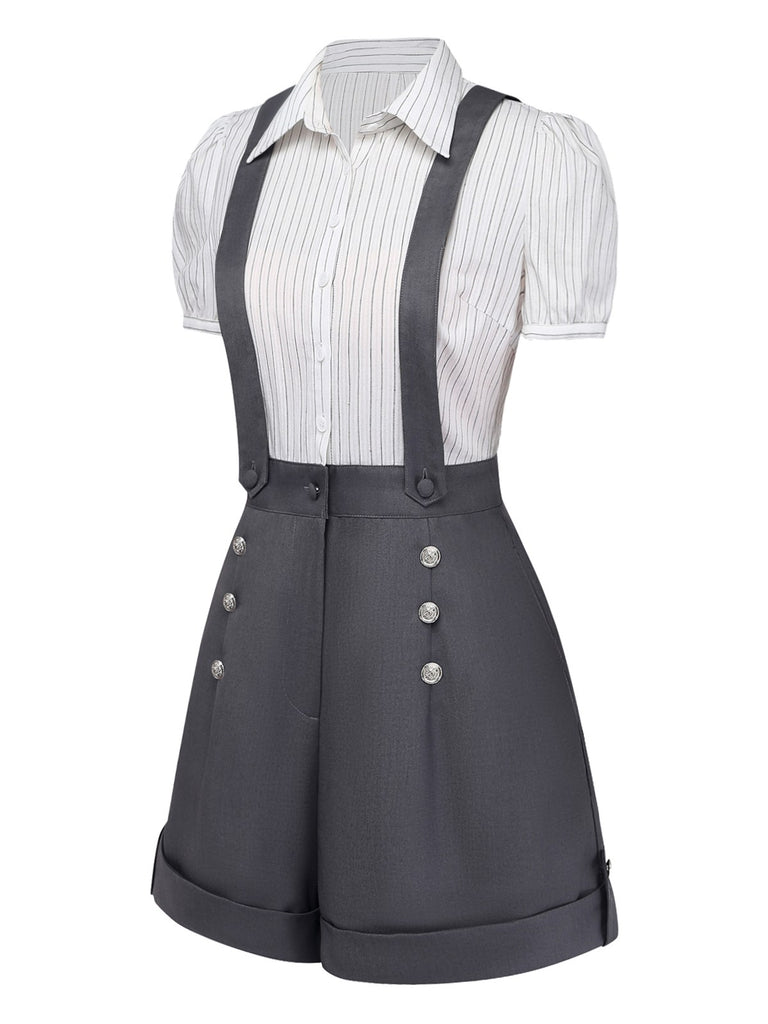 Gray 1940s Pinstripe Lapel Detachable Suspender Romper-side-view