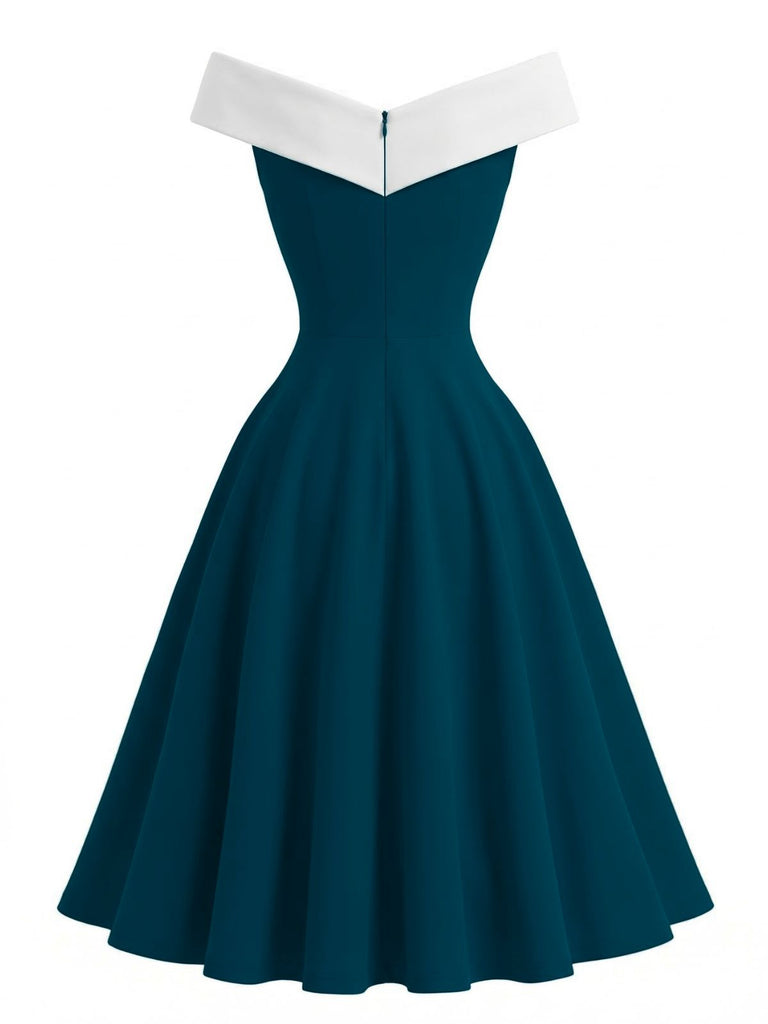 Teal dress with white neckline on a white background