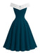 Teal dress with white neckline on a white background