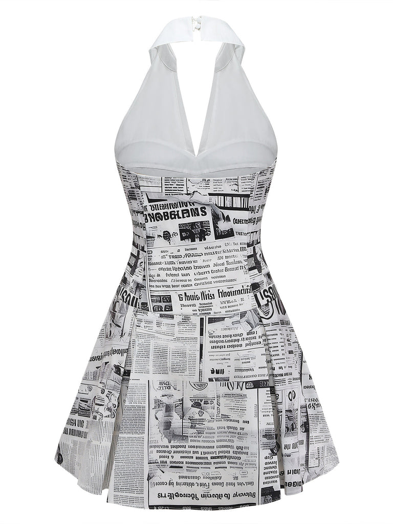 Grey 1960s Newspaper Print Halter V-Neck Dress back-view
