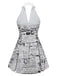 Grey 1960s Newspaper Print Halter V-Neck Dress back-view