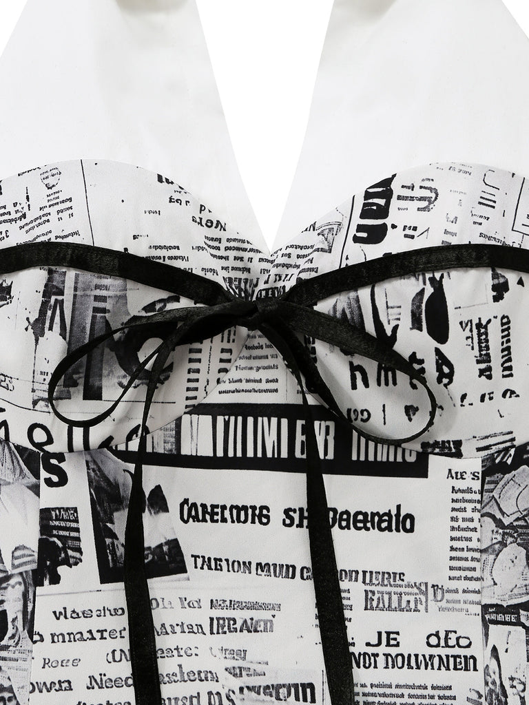 Grey 1960s Newspaper Print Halter V-Neck Dress bow-closeup