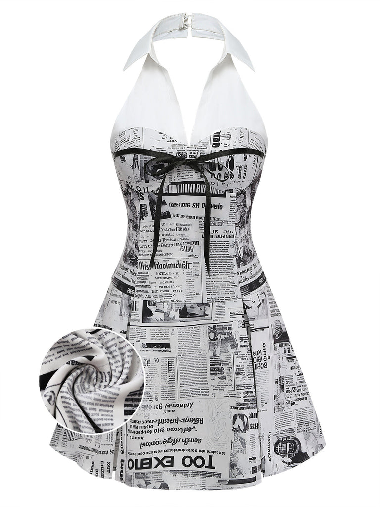 Grey 1960s Newspaper Print Halter V-Neck Dress
